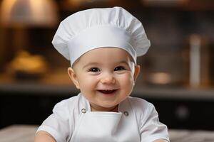 ai generado retrato de contento bebé en un blanco del chef sombrero Cocinando en cocina en borroso antecedentes foto