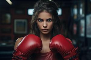 ai generado maravilloso caliente morena mujer en rojo camiseta y rojo boxeo guantes en un oscuro antecedentes foto