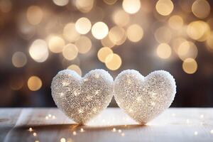 AI generated Two hearts made of silver sparkles with shiny dots on a blurred bokeh background photo