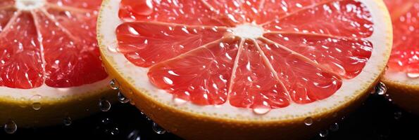 AI generated closeup ripe juice sliced red grapefruit in water drops top view banner photo