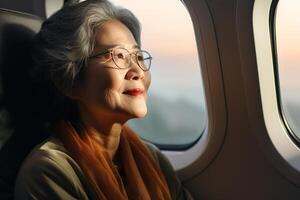 AI generated smiling elderly asian gray haired woman with glasses looling out the airplane window photo