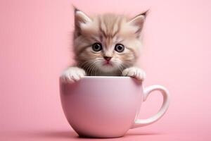 ai generado linda mullido gatito dentro en un rosado taza en rosado antecedentes foto