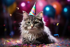 AI generated adorable fluffy tabby cat in a festive hat under falling confetti in birthday party room with balloons on blurred background photo