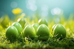 AI generated closeup of green painted Easter eggs on spring grass on blurred background photo