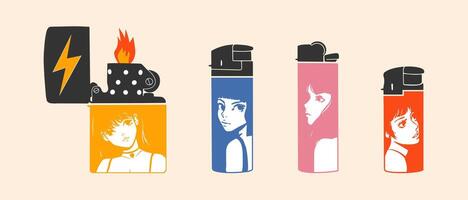 Set of various Lighters. Metal and plastic cigarette lighters with anime style. Hand drawn modern isolated Vector illustrations.