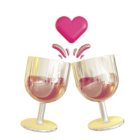 3D Illustration of couple wine glass toast icon with heart love symbol for Valentine's Day png