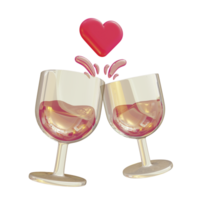 3D Illustration of couple wine glass toast icon with heart love symbol for Valentine's Day png