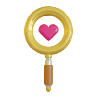 3d illustratie van geel vergrootglas met roze hart voor Valentijnsdag dag png