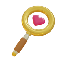 3d illustration av gul förstoringsglas med rosa hjärta för hjärtans dag png