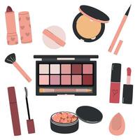 vector conjunto de decorativo productos cosméticos ojo sombra, máscara y lápiz labial en dibujos animados estilo