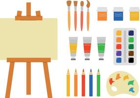 Vector drawing set, easel, paints, brushes, gouache, pencils, flat illustration in cartoon style