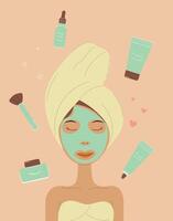 Woman wearing green face mask, self care, self love, vector illustration, facial care set