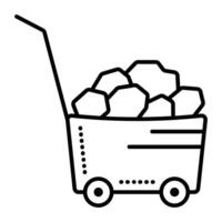 Cargo trolley with construction load, black line vector icon of cart