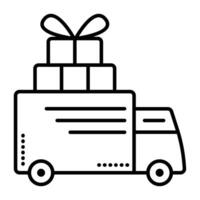 Delivery by large truck, big car with cargo, transportation of packages, boxes, gifts, parcels, post. Single black line vector icon, minimal illustration