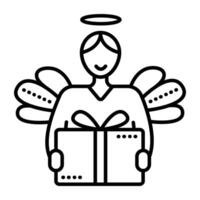 Deliveryman with a package black line vector icon, courier angel with a box gift pictogram