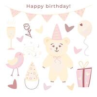 Birthday doodle set of cute color stickers, vector holiday items