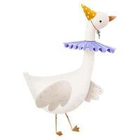 Cartoon goose with a clown collar and a party cap on his head. F vector