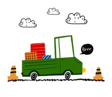 A simple children's illustration with a car. Cartoon truck carry vector