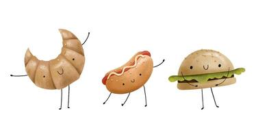Funny fast food hand drawn characters with face and hands. Tasty vector