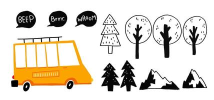 Set for tourists. Tourism by car. Mini van and forest, trees and vector