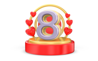 8 March Hearts Red With Gold Podium 3D Rendering png