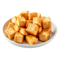 ai gegenereerd bord van gebakken tofu kubussen PNG geïsoleerd Aan transparant achtergrond