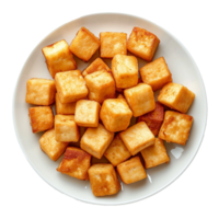 AI generated Plate of fried tofu cubes png isolated on transparent background