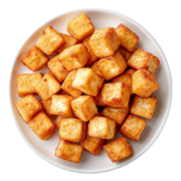 AI generated Plate of fried tofu cubes png isolated on transparent background