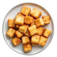 AI generated Plate of fried tofu cubes png isolated on transparent background