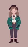 Boho outfit girl with coffee vector