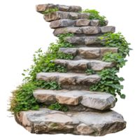 AI generated Cut out stairs made of large stone steps staircase lined with green plants isolated on transparent background png