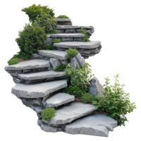 AI generated Cut out stairs made of large stone steps staircase lined with green plants isolated on transparent background png