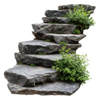 AI generated Cut out stairs made of large stone steps staircase lined with green plants isolated on transparent background png