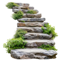 AI generated Cut out stairs made of large stone steps staircase lined with green plants isolated on transparent background png