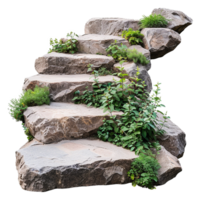 AI generated Cut out stairs made of large stone steps staircase lined with green plants isolated on transparent background png