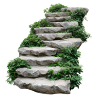 AI generated Cut out stairs made of large stone steps staircase lined with green plants isolated on transparent background png