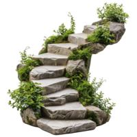 AI generated Cut out stairs made of large stone steps staircase lined with green plants isolated on transparent background png