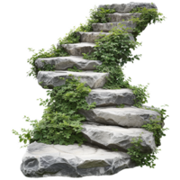 AI generated Cut out stairs made of large stone steps staircase lined with green plants isolated on transparent background png