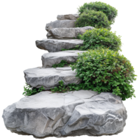 AI generated Cut out stairs made of large stone steps staircase lined with green plants isolated on transparent background png