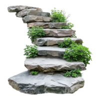 AI generated Cut out stairs made of large stone steps staircase lined with green plants isolated on transparent background png