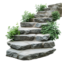 AI generated Cut out stairs made of large stone steps staircase lined with green plants isolated on transparent background png