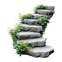 AI generated Cut out stairs made of large stone steps staircase lined with green plants isolated on transparent background png