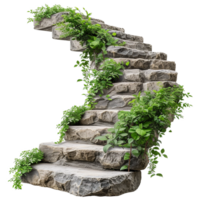 AI generated Cut out stairs made of large stone steps staircase lined with green plants isolated on transparent background png