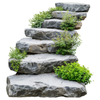 AI generated Cut out stairs made of large stone steps staircase lined with green plants isolated on transparent background png