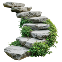 AI generated Cut out stairs made of large stone steps staircase lined with green plants isolated on transparent background png