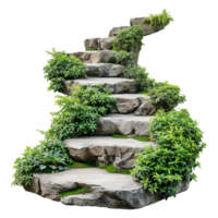 AI generated Cut out stairs made of large stone steps staircase lined with green plants isolated on transparent background png