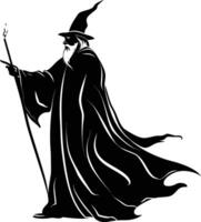 AI generated Silhouette wizard with wand black color only full vector