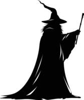 AI generated Silhouette wizard with wand black color only full vector