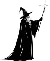 AI generated Silhouette wizard with wand black color only full vector