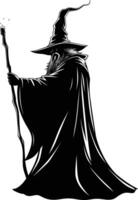 AI generated Silhouette wizard with wand black color only full vector